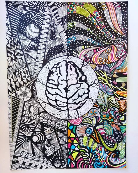 Brain Mandala Art, Brain Mandala, Brain Painting, Neuroscience Art, Doodling Art, Brain Drawing, Art Psychology, Art Zentangle, Left Brain