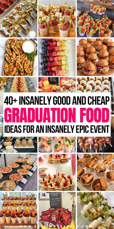 graduation food ideas Graduation Food Ideas Buffet, Graduation Food Ideas, Guys Graduation Party, High School Graduation Party Food, Easy Graduation Party Food, Party Food On A Budget, Graduation Party Food Ideas, Grad Party Food, Graduation Party Food