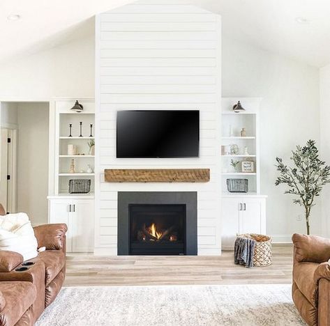 https://decomagz.com/awesome-built-in-cabinets-around-fireplace-design-ideas-19-amazing-ideas/ Megan Molten, Beam Ceilings, Farmhouse Family Rooms, Daniel Island, Shiplap Fireplace, Fireplace Built Ins, Wood Beam, Farmhouse Side Table, Tray Ceiling