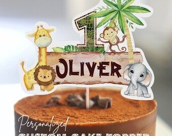 Personalized Safari Cake topper. Jungle Animals Cake Topper Safari Theme Cake, Wild One Birthday Cake, One Birthday Cake Topper, Safari Cake Topper, One Birthday Cake, Animals Cake, Safari Cake, Safari Cakes, First Birthday Cake Topper