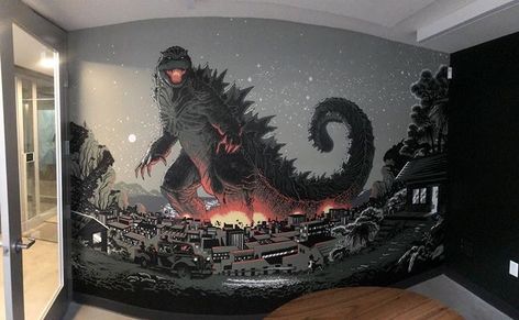 Godzilla mural installed for a client's office Boys Godzilla Bedroom, Godzilla Themed Bedroom, Godzilla Graffiti, Godzilla Bedroom Ideas, Godzilla Room Ideas, Godzilla Mural, Godzilla Bedroom, Godzilla Room, Godzilla Decorations