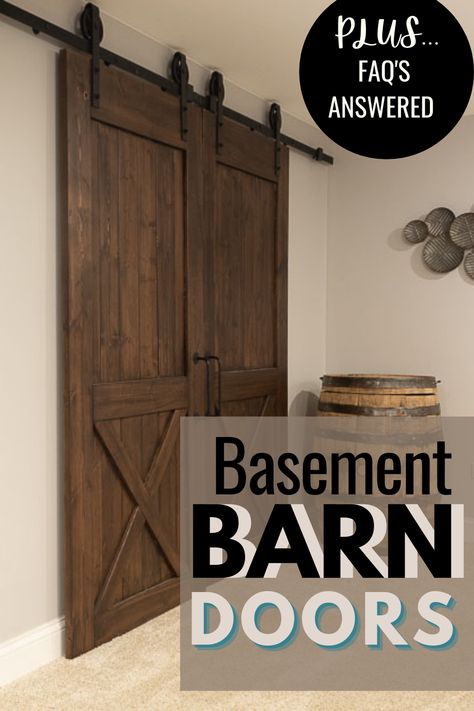 Basement Storage Door Ideas, Basement Barn Door, Barn Door In Basement, Barn Door Basement, Basement Storage Closet, Basement Brewery, Sliding Double Doors, Diy Basement Ideas, Basement Rooms