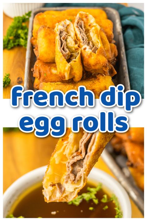 cheesy egg rolls, easy appetizer, egg roll recipe, french dip, french dip appetizer, french dip egg rolls, french dip recipe, how to make egg rolls French Dip Eggrolls, Leftover Roast Beef, Sliced Roast Beef, French Dip Sandwich, Golden Egg, Quick Appetizers, French Dip, Provolone Cheese, Quick Meal