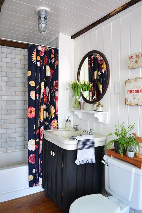 Outdoor Tubs, Anthropologie Shower Curtain, White Plank Walls, Farmhouse Guest Bathroom, Guest Bathroom Renovation, Colorful Interior, Shore House, House Makeover, Bathroom Themes