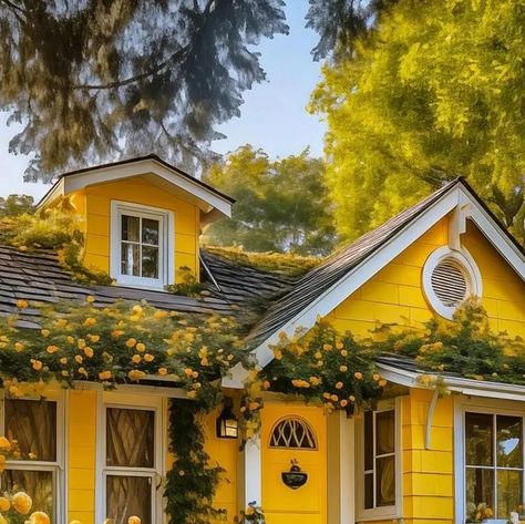 Nature Cute Vibes on Instagram: "Yellow Home Vibes 💛  📸: @lulumoonowlbooks" Slowliving Aesthetic, Green House Aesthetic, Cottagecore Maximalist, Riverside Cottage, Digital Mixed Media, Malibu Beach House, Building Inspiration, Home Aesthetics, Hygge Style