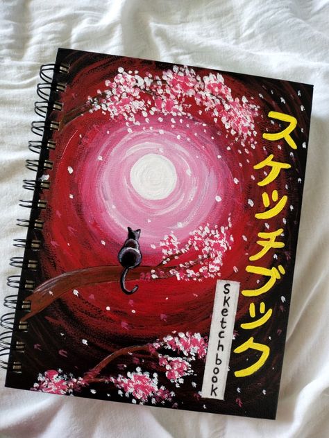 I paint my sketchbook cover from acrylic paint and it's turn out so pretty 💫 Night scene with cat looks perfect Japanese style painting 🖌️ #painting #sketchbool #acrylicpainting #art #drawing #japaneseart #catart #moonpainting #coverpainting #diycover Artbook Front Cover Ideas, Sketchbook Painted Cover, Sketchbook Page Layout Ideas, Sketchbook Cover Painting Ideas, Anime Sketchbook Cover, Painting On Sketchbook Cover, Paint Sketchbook Cover, Sketchbook Cover Drawing, Painted Sketchbook Cover Ideas