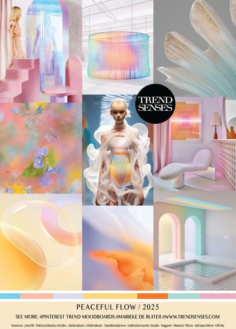 PEACEFUL FLOW // 2025 – Trendsenses - #moodboard #2025 #forecasting - #mariekederuiter - Sources: Ytechb – Patricia Bustos Studio – Elektrakute – YanaBondareva – Gabriela Fuente Studio – Nagami – Manolo Yllera – Adriana Mora – Olli Ra Adriana Mora, Mall Landscape, Fashion Trending Moodboard, Pastel Trends, 2025 Trends, Print Design Trends, Trends 2025, Summer 2025, Fashion Themes