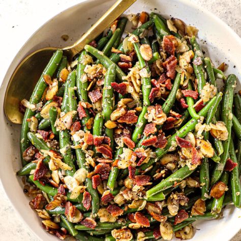 Green Beans Almondine WITH BACON (+Make Ahead Instructions) Browning Butter, Recipes Dinner Party, Green Beans Almondine, The Best Green Beans, French Green Beans, Green Beans With Bacon, Carlsbad Cravings, Baked Asparagus, Oven Fried Chicken