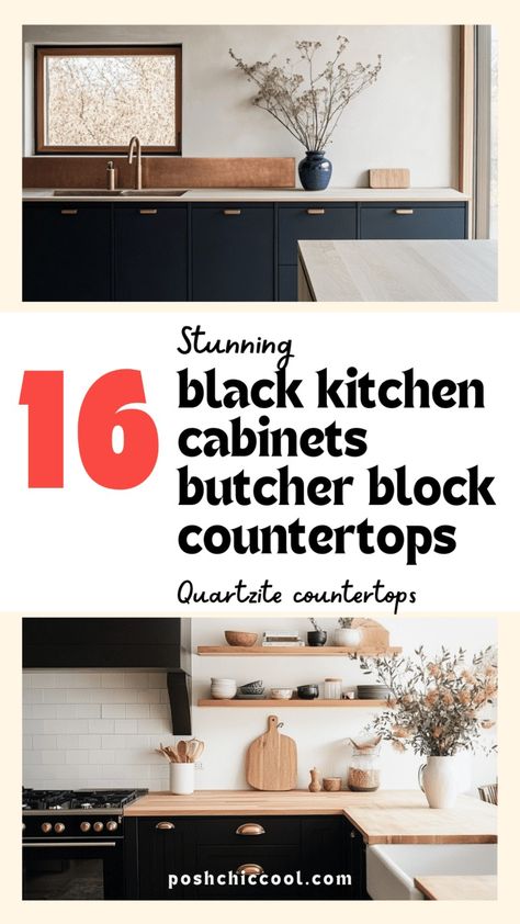 Black Kitchen Cabinets With Butcher Block Countertops - Posh|Chic|Cool Black Kitchen With Butcher Block, Butcher Block Countertops Black Cabinets, Black Kitchen Cabinets Butcher Block, Cabinets With Butcher Block Countertops, Kitchen With Butcher Block Counters, Navy Kitchen Cabinets, Kitchen Remodel Checklist, Timeless Kitchen Design, Block Countertops