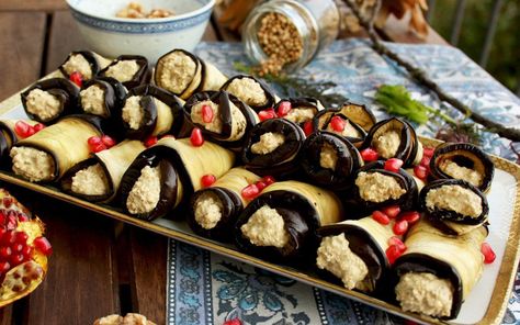 <p>Perfect as an appetizer for a party, these stuffed eggplant rolls are exceptionally delicious and incredibly easy to make. </p> Georgia Food, Eggplant Rolls, Vegan Appetizer, Georgian Cuisine, Georgian Food, Delicious Clean Eating, Happy Kitchen, Holiday Snacks, Eggplant Recipes