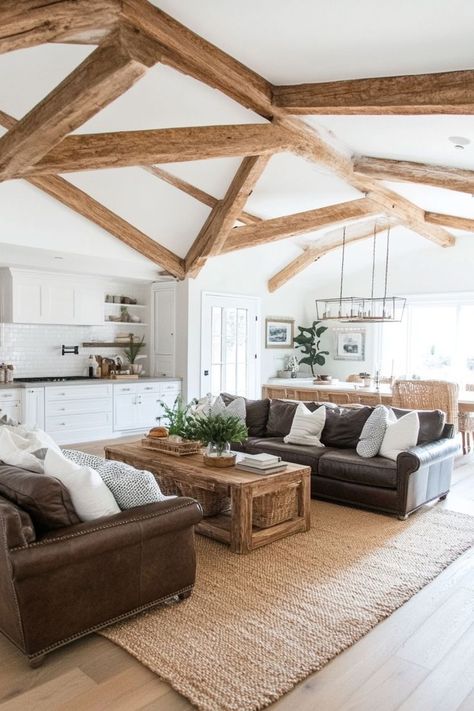 Enhance your home’s character with exposed wooden ceiling beams. Whether you’re going for a farmhouse look or a modern rustic vibe, wooden beams add depth and style. 🏠✨🌲 #WoodenBeams #CeilingDesign #HomeDecor #RusticCharm Post And Beam Homes Interior, Wood Beams On Ceiling, Beams On Ceiling, Wooden Ceiling Beams, Beam House, Wooden Beams Ceiling, Post And Beam Home, Angled Ceiling, Wooden Ceiling