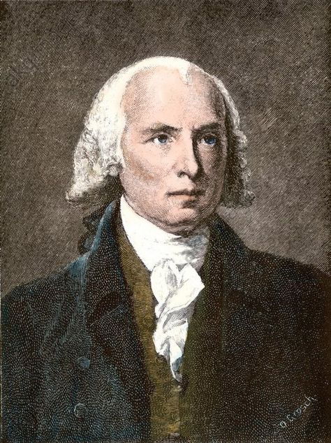 James Madison. Hand-colored 19th-century engraving of a Gilbert Stuart painting. © akg-images Gilbert Stuart, James Maddison, Fat Art, History Project, James Madison, Print Portrait, History Projects, Founding Fathers, Hand Coloring