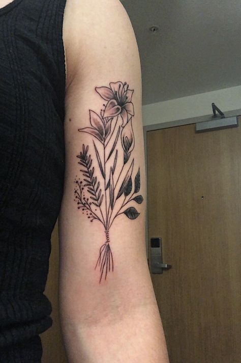 Stargazing Lily Tattoo, Orchid Bouquet Tattoo, Lily Bouquet Tattoo, Stargazing Lily, Rose Orchid Bouquet, Stargazer Lily Bouquet, Stargazer Lily Tattoo, Bouquet Tattoo, Orchid Bouquet