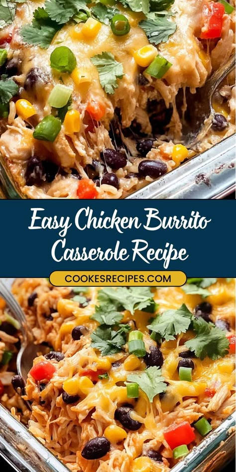 This easy chicken burrito casserole bakes to perfection with layers of rice, veggies, chicken, and cheese. Serve with fresh cilantro, avocado, and salsa for a satisfying meal! Mexican Chicken Rice Casserole, Chicken Burrito Casserole, Burrito Casserole Recipe, Taco Casserole Bake, Burrito Recipe Chicken, Chicken Taco Casserole, Mexican Chicken And Rice, Recipes Using Rotisserie Chicken, Tortilla Casserole