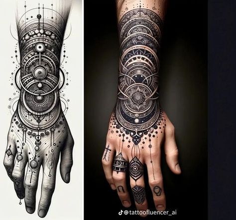 Geometric Sleeve Tattoo, Full Sleeve Tattoo Design, Men Tattoos Arm Sleeve, Full Arm Tattoos, Sacred Geometry Tattoo, Wrist Tattoos For Guys, Geometry Tattoo, Intricate Tattoo, Full Sleeve Tattoo