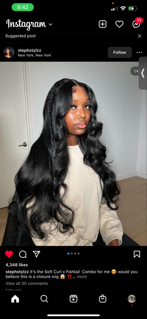 Middle Part Curls With Fishtail, Fishtail Black Women, Fishtail Middle Part, Middle Part Weave With Fishtail Braid, Wig Hairstyles Fishtail, Closure Hairstyles Middle Part, Middle Part With Curls And Fishtail, Closure Wig Install Middle Part, Fishtail With Curls