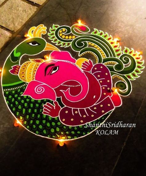 Ganesha Rangoli, Rangoli Designs For Competition, Rangoli Designs Photos, Easy Rangoli Designs Diwali, Festival Rangoli, Rangoli Designs Latest, Simple Rangoli Designs Images, Rangoli Patterns, Big Rangoli Designs