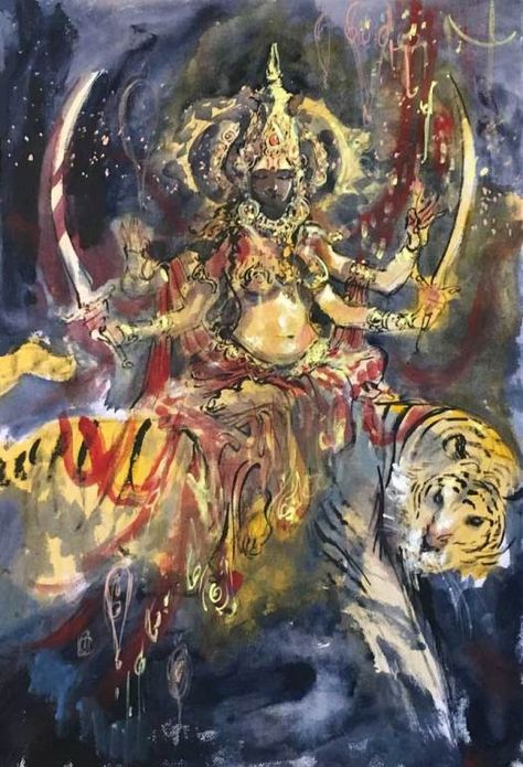 "Guardian Durga" painting by Abhishek Singh - Hindu #Goddess #Durga depicted by Abhishek Singh Abhishek Singh Art, Abhishek Singh, Maa Kali Images, Indian Illustration, Durga Painting, Goddess Durga, Hinduism Art, Devi Durga, Vedic Art