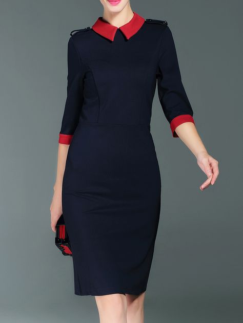 Shop Navy Contrast Red Lapel Sheath Dress online. SheIn offers Navy Contrast Red Lapel Sheath Dress & more to fit your fashionable needs. Nyc Winter Fashion, Womens Winter Fashion, Nyc Winter, Fashionable Work Outfit, Stylish Work Attire, Classy Work Outfits, Womens Winter, Office Attire, Boutique Online