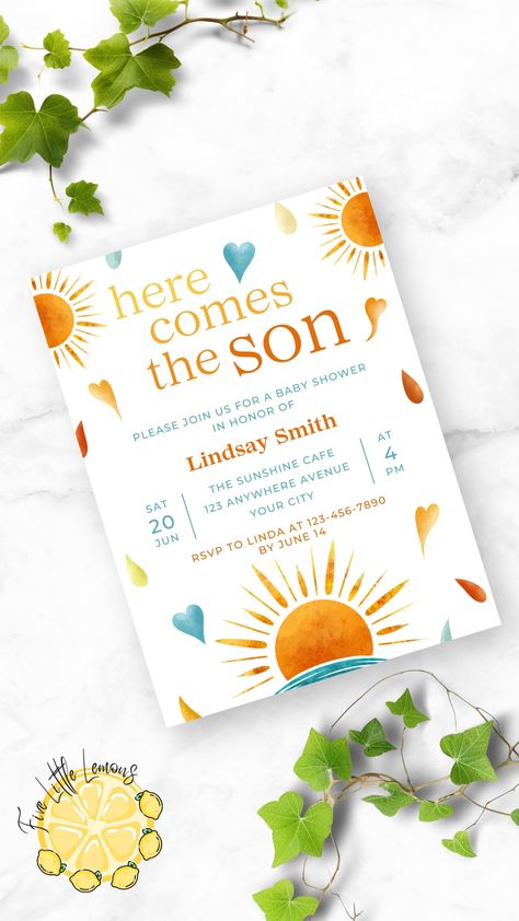 Here Cones The Son Baby Shower Ideas, Here Comes The Son Invitation, Here Comes The Son Baby Shower Cake, Here Comes The Son Baby Shower Theme, Sunshine Invitation, Baby 2024, Here Comes The Son, Baby Shower Souvenirs, Summer Baby Shower