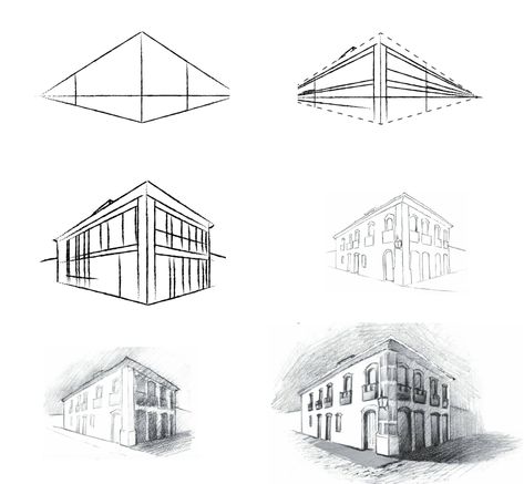 Drawing Buildings Perspective, Artitecture House Drawing, Step By Step Architecture Drawing, 2 Perspective Drawing House, House Drawing Perspective, How To Draw Architecture Step By Step, Architecture Drawing Step By Step, Room Base Drawing, How To Draw Houses Step By Step