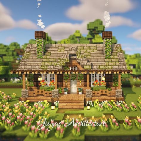 House With Porch Minecraft, Minecraft House Porch, Minecraft Porch Ideas, Minecraft Porch, Minecraft House Ideas Easy, Cottagecore House Minecraft, Aesthetic Minecraft House, Pretty Minecraft Houses, Minecraft Cottagecore House