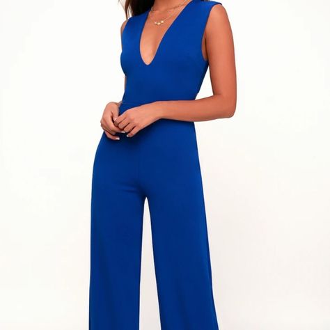 Comfortable Fitted Royal Blue Jumpsuit With Criss Cross Back Blue Pantsuit, Royal Blue Jumpsuit, Lulus Jumpsuit, Royal Blue Romper, Romper Casual, Black Halter Jumpsuit, Midi Jumpsuit, Lulu Pants, White Lace Romper