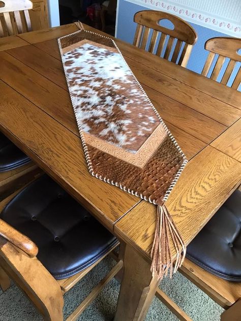 Western Table Runners Rustic, Cowboy Kitchen Decor, Cowhide Furniture Diy, Western Table Runner, Small Western Kitchen, Western Ranch Decor, Cowhide Decor Ideas, Leather Table Runner, Diy Cowhide Projects