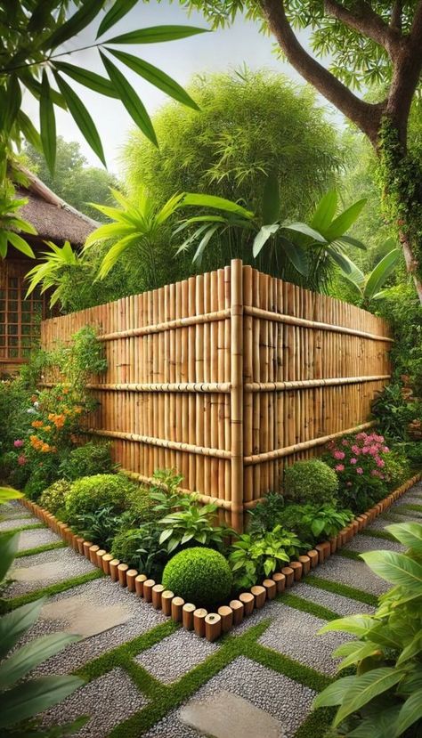 10+ Unique Corner Fence Ideas to Boost Your Garden’s Look 21 Balinese Garden Bali Style, Corner Fence Ideas, Bamboo In Garden, Low Garden Fence, Bamboo Fence Garden, Fence Privacy Ideas, Fence Landscape Ideas, Bamboo Fence Ideas, Corner Fence