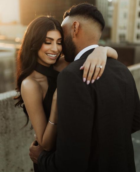 Couple Photoshoot In Black Outfit, E Shoot Ideas, Engagement Photos Wearing Black, Engagement Photos Picking Her Up, Black Engagement Photoshoot, Engagement Photo Black Dress, Restaurant Photoshoot Ideas Couple, Modern Couples Photoshoot, Engagement Photoshoot Classy