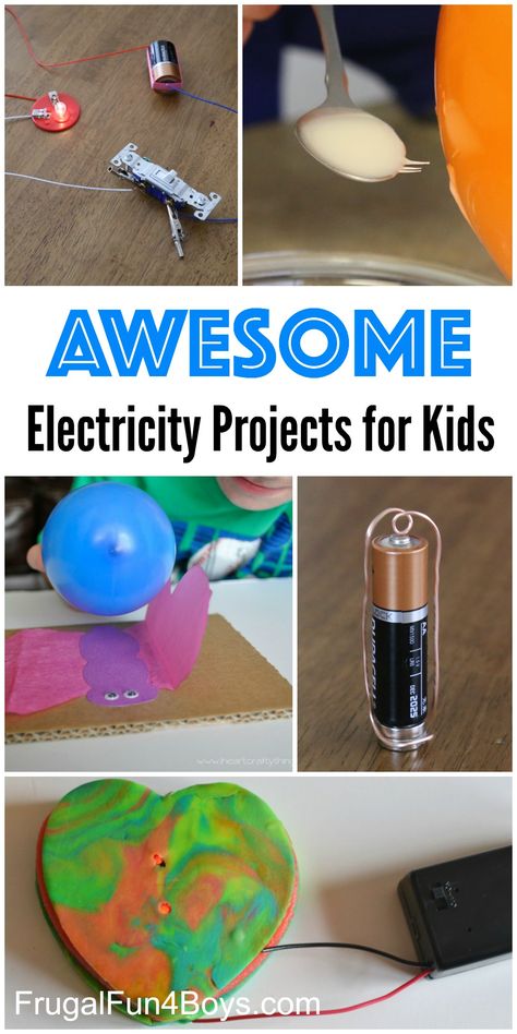 10 Awesome Electricity Projects for Kids - Simple static electricity demonstrations, build a circuit, show how a switch works, electromagnetism and more! Electricity Projects For Kids, Electricity Science Experiments, Electricity Projects, Vetenskapliga Experiment, Science Electricity, Science Crafts, Kid Experiments, Craft Kids, Electrical Projects