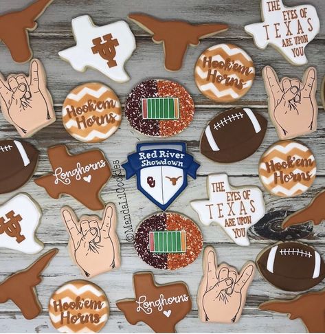 Longhorn Cookies, University Of Texas Football, Football Cookies, Hook Em Horns, Texas Football, Red River, University Of Texas, Texas Longhorns, Birthday Cookies