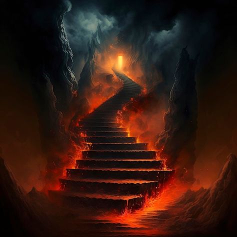 Stair Wallpapers, Gates Of Hell Tattoo, Hell Paintings, Hell Wallpapers, Hell Background, Staircase To Heaven, Basement Stairs Ideas, Stairs To Heaven, Climbing Stairs