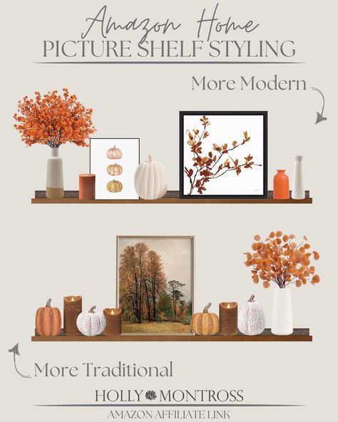 Continuing the fall saga…. We just had vacation 2 weeks ago and when we came back home, the fall breeze hit and has (for the most part) stayed ever since and I’m LOVING it. Whether it’s fall or just everyday shelf styling, clients always ask for help styling their shelves. So, here’s my take on shelf styling for fall courtesy of Amazons extensive fall decor. Enjoy! Click the link in my bio to shop my storefront and check out the “All the fall things” list at the top! #amazon #amazonhome ... Fall Decor Ideas For The Home Shelves, Fall Decor On Shelves, Thanksgiving Shelf Decor, Fall Shelves Decor, Fall Floating Shelf Decor, Shelf Fall Decor, Fall Shelf Decor Ideas, Fall Shelf Decor, Fall Tray