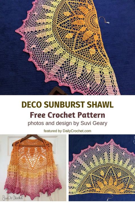 Dec 28, 2020 - To quote someone:”The sun rising itself doesn’t even look half as good!” This lightweight summer shawls is a great summery shawl with a light and lacy crochet design. Inspired by a stained glass window the delightfully lacy Deco Sunburst Shawl by Suvi Geary is a great free crochet pattern to use to create a gorgeous ac… Crochet Shawl Free, Lacy Crochet, Summer Shawl, Sun Rising, Crochet Shawl Pattern Free, Crochet Bolero, Crochet Shawls And Wraps, Shawl Patterns, Crochet Wrap