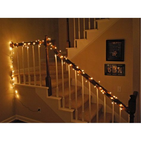 0 Old Hollywood Party, Uni House, Christmas Stairs, Stair Banister, Stair Lights, Attic Stairs, Stair Lighting, Fairy Light, Golden Lights