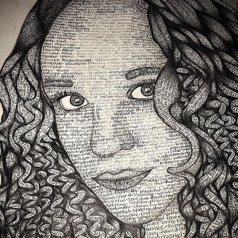 This is a self portrait I made with words to describe myself. After drawing the face, I chose words that best fit my character. Some words are written darker than others to indicate shadow/darker spots on the face or in the hairline. #words #wordart #drawing Word Portraits, Oracle Cards Art, Drawing The Face, Self Drawing, Describe Myself, Self Portrait Drawing, Word Drawings, Art Alevel, Character Drawings