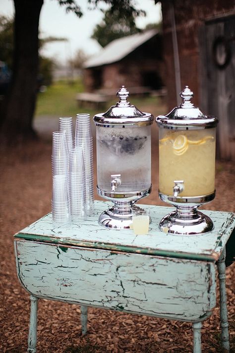 Wedding Ceremony Drink Station, Vintage Drop Leaf Table, Vintage Wedding Ceremony, Welcome Drinks, Beverage Dispenser, Popcorn Bar, Drink Station, Drop Leaf Table, Wedding Drink