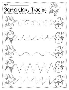 Santa Claus Christmas Line Tracing Practice Pre-Writing Preschool Worksheets Christmas Tracing Preschool, Christmas School Worksheets, Christmas Prek Worksheets, Christmas Pre K Worksheets, Christmas For Kindergarten, Santa Activities Preschool, Santa Craft Preschool, Reindeer Worksheets, Christmas Worksheets Preschool