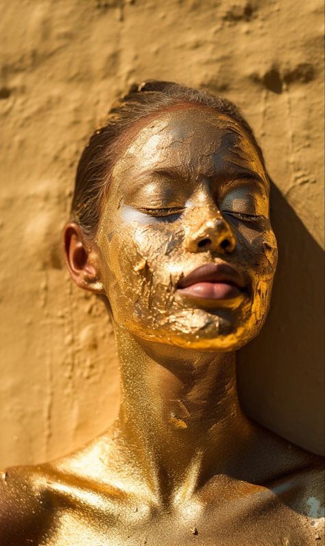 Golden face mask, golden body paint, golden leaf, golden portrait, golden woman, golden, photography, portrait photography, art, visual art Golden Face Mask, Mud Masks, Golden Mask, Gold Facial, Gold Face Mask, Skin Aesthetics, Skin Care Face Mask, Gold Mask, Rock Face