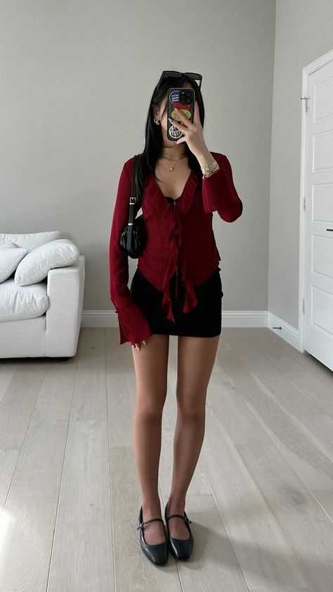 Black And Red Date Night Outfit, Red Ruffle Top Outfit, Red Long Sleeve Top Outfits, Red Dress Concert Outfit, Cherry Skirt Outfits, Warm Autumn Outfits Aesthetic, Red And Black Winter Outfits, Cherry Red Outfit Ideas, Red Going Out Outfits