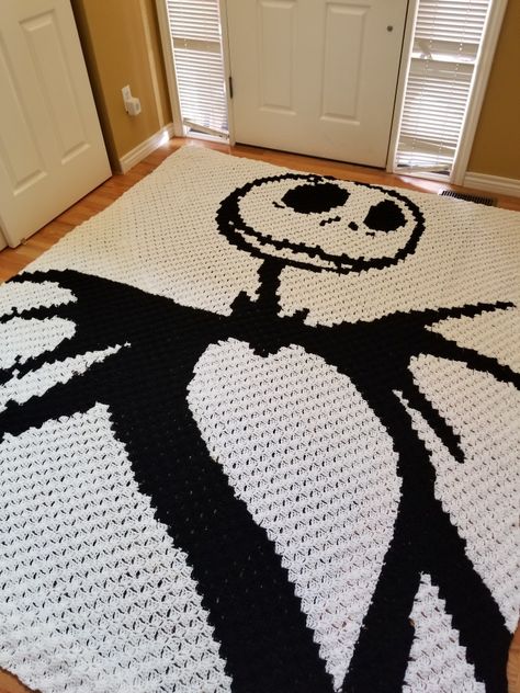 Nightmare before Christmas blanket for the Jack skellington lover  Brandiemakingthings.etsy.com Jack Skellington Crochet Blanket Pattern Free, Jack Skeleton Crochet Blanket, Nightmare Before Christmas Crochet Blanket, Nightmare Before Christmas Crochet, Nightmare Before Christmas Blanket, Christmas Tree Skirt Crochet Pattern, Christmas Crochet Blanket, Bernat Yarn, Crochet Square Blanket