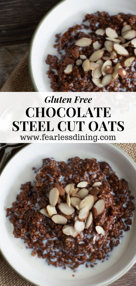 Chocolate for breakfast? With this healthy chocolate steel cut oats you can enjoy chocolate in the morning. Easy directions, kids love this easy oatmeal recipe. Use certified gluten free oats for a gluten free breakfast.  www.fearlessdining.com  #chocolate  #steelcutoats #oatmeal #breakfast #glutenfreebreakfast Vegan Steel Cut Oats Recipes, Steal Oats Recipes, Recipes With Steel Cut Oats, Healthy Steel Cut Oats Recipe, Steel Oats Recipes, Steelcut Oats Recipes, Overnight Steelcut Oats Recipes, Steal Cut Oats Recipes, Bodybuilding Desserts