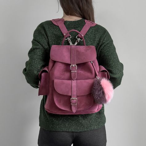 Backpack Grafea Backpack, Pom Pom Charm, Leather Tag, My Bag, Nubuck Leather, Dark Colors, Flap Pocket, Leather Backpack, Top Handle