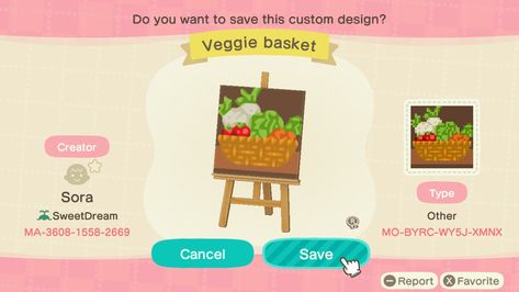 Animal Crossing Food Shelf Design, Acnh Veggie Stall, Animal Crossing Vegetable Sign, Acnh Jam Stand, Acnh Farmers Market Stall Design, Acnh Viking, Acnh Rural, Acnh Simple, Acnh Farm