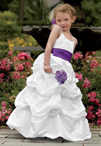 Ball Gown, Scoop Neckline, Empire Waiste, Floor Length, Spaghetti Straps, Iridescent Taffeta, Various Colors, Size 1-14, Price Range $151 to $250 Purple Wedding Flowers, Wedding Flower Girl, Bridesmaid Flowers, Junior Bridesmaid Dresses, Junior Bridesmaid, Purple And White, Purple Wedding, Wedding Party Dresses, Wedding Attire