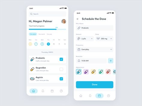 Medicine and Pill Reminder by Olga Pashchenko on Dribbble Medication Reminder App, Medicine Reminder App, Pill Reminder App, Health Tracker App, Medicine Reminder, Health App Design, Medicine Dispenser, Pill Reminder, Medication List