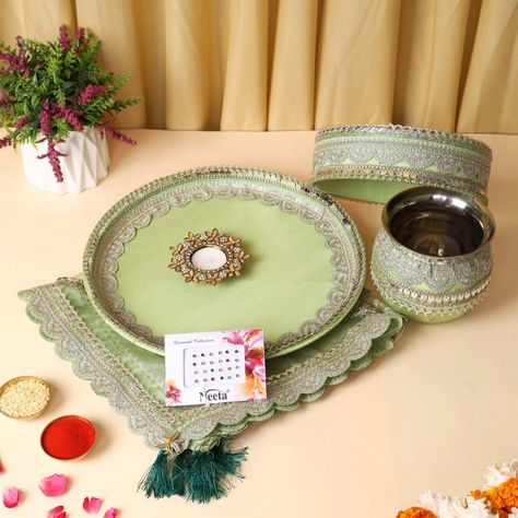 Let's celebrate this karwa chauth festival more attire and beautiful way let's grab our beautiful customised karwachauth thali set. Karwachauth thali set contains 1 decorated thali (12 inch) 1 thal cover (20 by 20) 1 chalni 1 lota 1 diya 1 bindi patta DM us for more details or WhatsApp us on 9867422790 Karwachauth Thali, Thali Decoration, Karwa Chauth, Let's Celebrate, Lets Celebrate, Diwali, Festival, Celebrities, Design