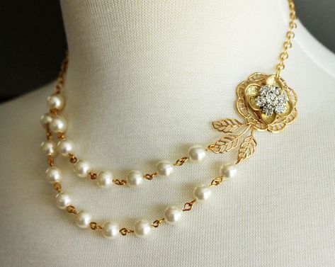 Gold Wedding Necklace Bridal Pearl Necklace Vintage Wedding Jewelry Swarovski Double Stranded Gold Wedding Necklace, Double Strand Pearl Necklace, Gold Necklace Wedding, Pearl Bracelet Wedding, Gold Leaf Necklace, Gold Bridal Necklace, Vintage Wedding Jewelry, Bridal Pearl Necklace, Pearl Necklace Vintage