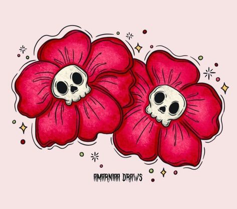 Kawaii Skull Tattoo, Spooky Kawaii Tattoo, Skull Drawings With Flowers, Spooky Halloween Drawings Ideas, Paint Doodles Simple, Day Of The Dead Drawings Easy, Halloween Flowers Drawing, Goth Flower Drawing, Spooky Flowers Drawing